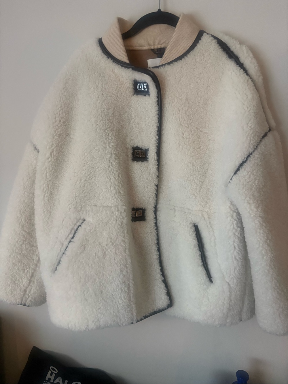 ba&sh - Maury coat - Cream Teddy Jacket with Black Trim